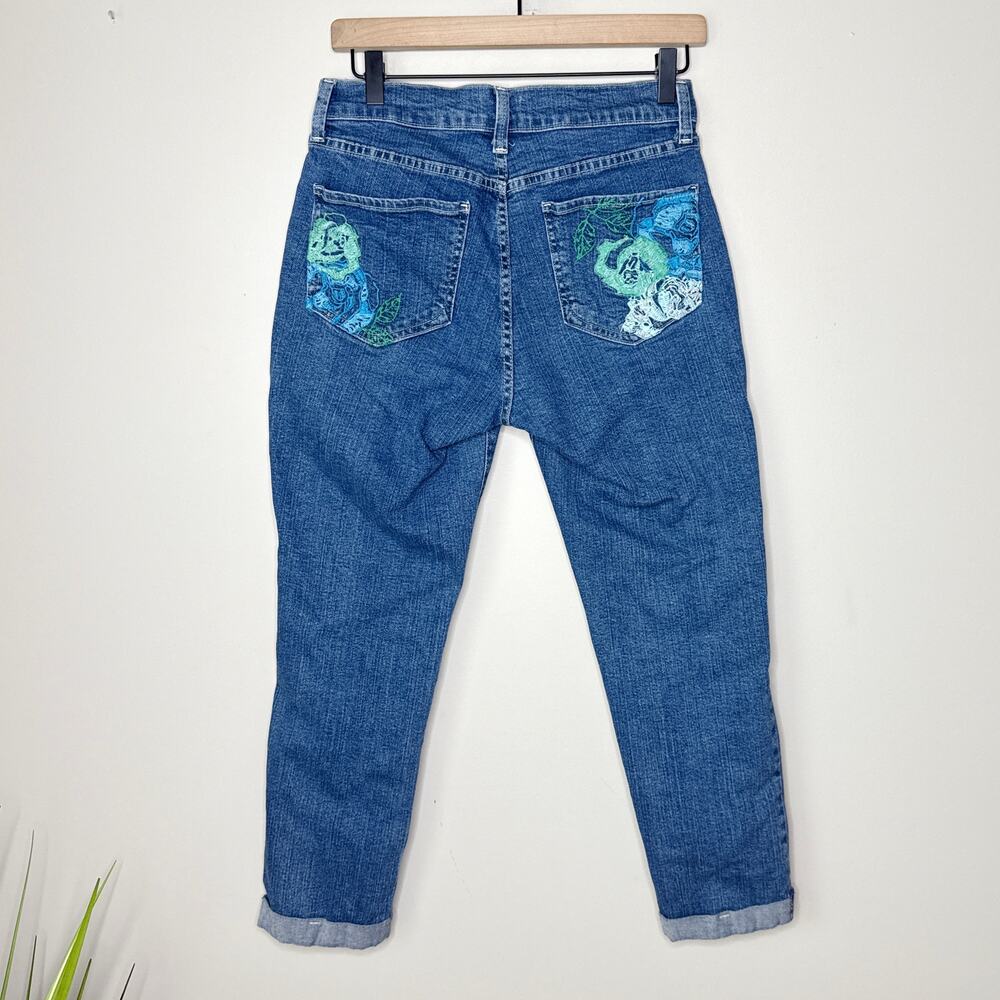 NYDJ Blue Denim Ankle Jeans with Green & Teal Embroidered Pockets
